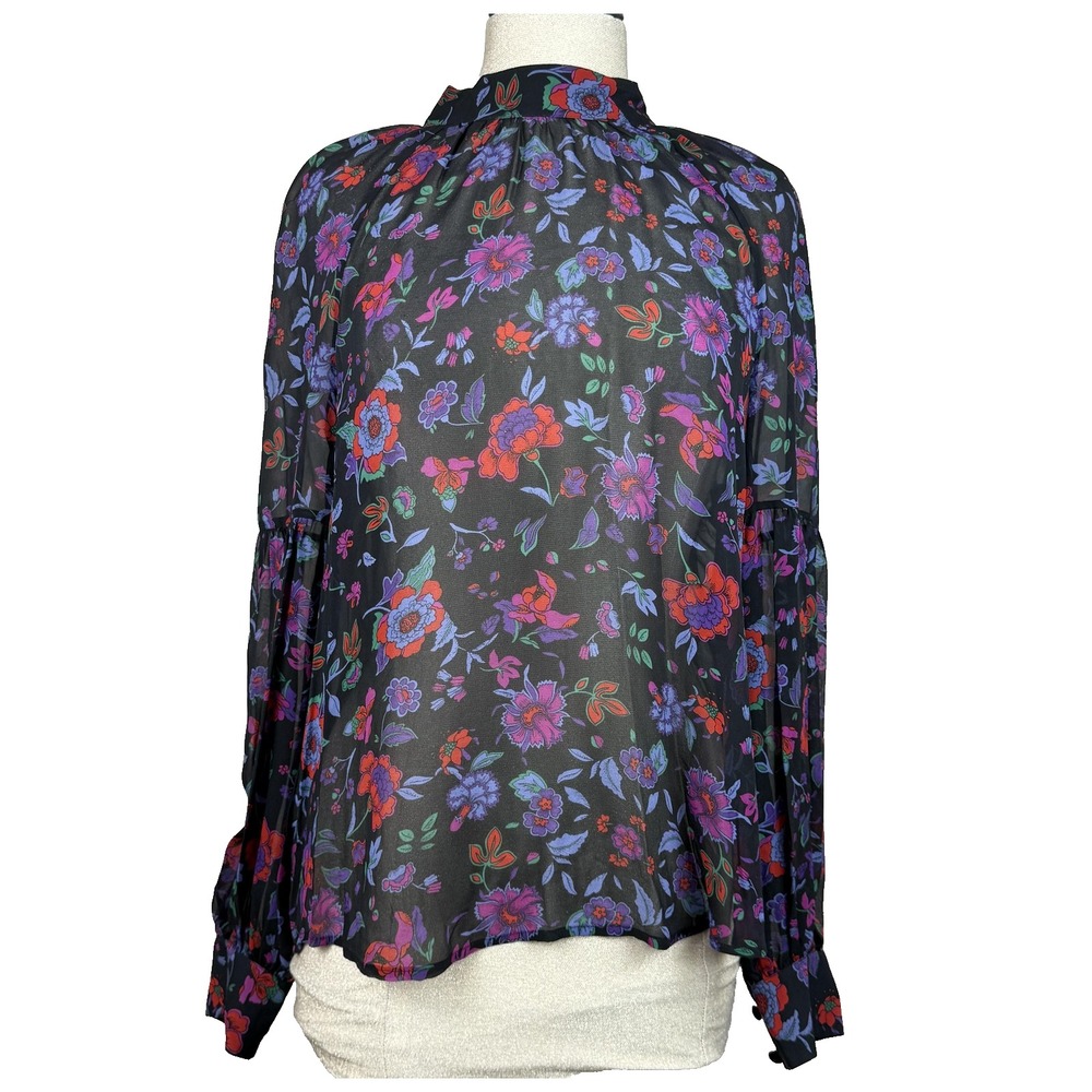 Veronica Beard Cicely Blouse Women 12 Black Floral Sheer Silk High Neck Tunic